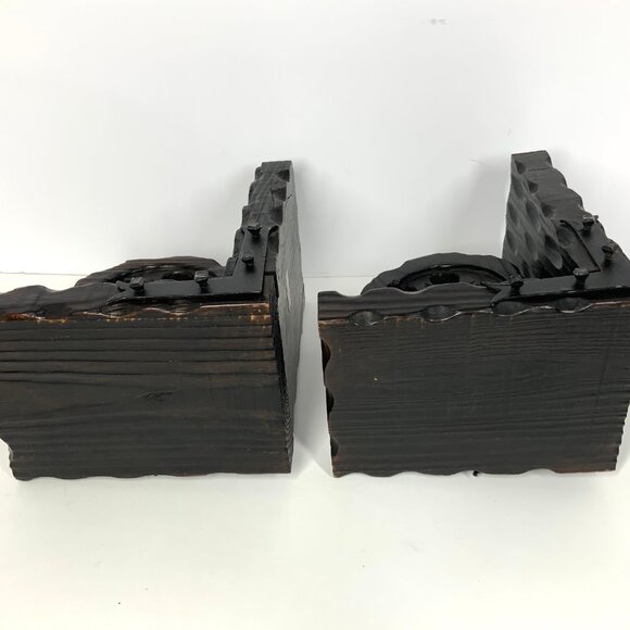 Mid Century Brutalist Style Bookends Industrial Pulley Wood & Iron Made in Spain - Picture 8 of 10